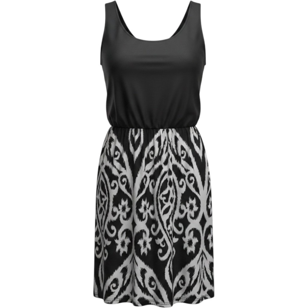 Her She Black White Ikat Boho Print Sleeveless Mini Dress Elastic Waist Medium